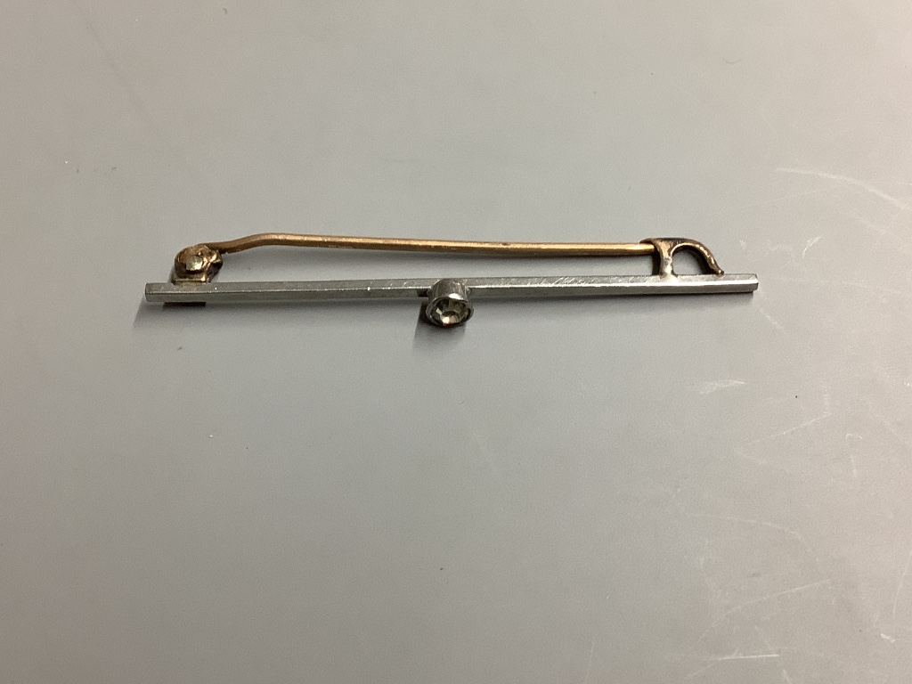 A paste set yellow and white metal bar brooch, 56mm